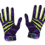 purple and green athletic gloves with black cuffs and logo badge on wrist, flexible and durable sports gloves with striped pattern