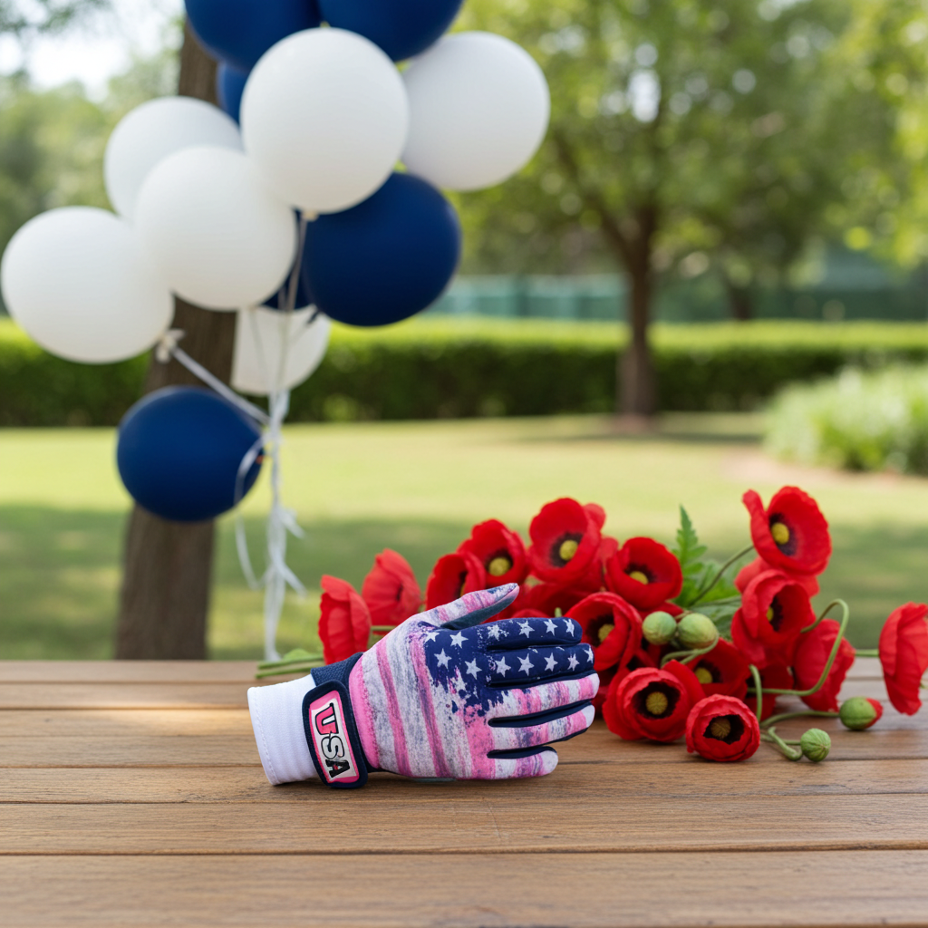 American Flag Glove batting glove with leather front, Lycra back, neoprene cuff, and reinforced stitching for durability and comfort