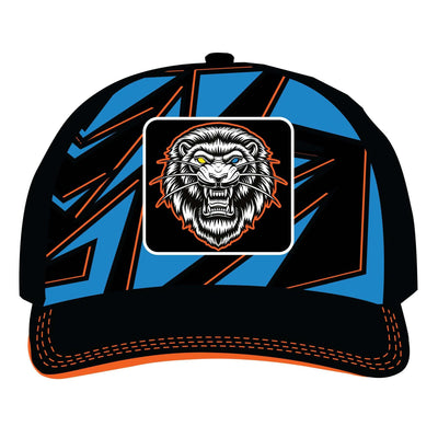 Blue Anchor trucker hat with lion logo, adjustable snapback, black and blue design, cotton-poly blend front and mesh back