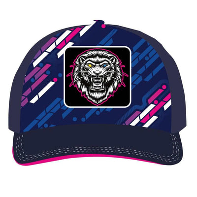 T-Block trucker hat with adjustable snapback, blue and pink geometric design, lion embroidery patch, cotton/polyester blend front and mesh back