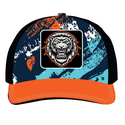 Lion's Peak trucker hat with colorful abstract design and embroidered roaring lion patch on front panels, adjustable snapback closure.