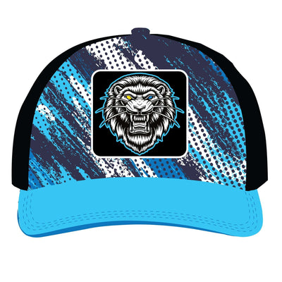 Carolina pride 1 trucker hat with blue and black design, roaring lion logo, adjustable snapback, cotton-polyester front, polyester mesh back
