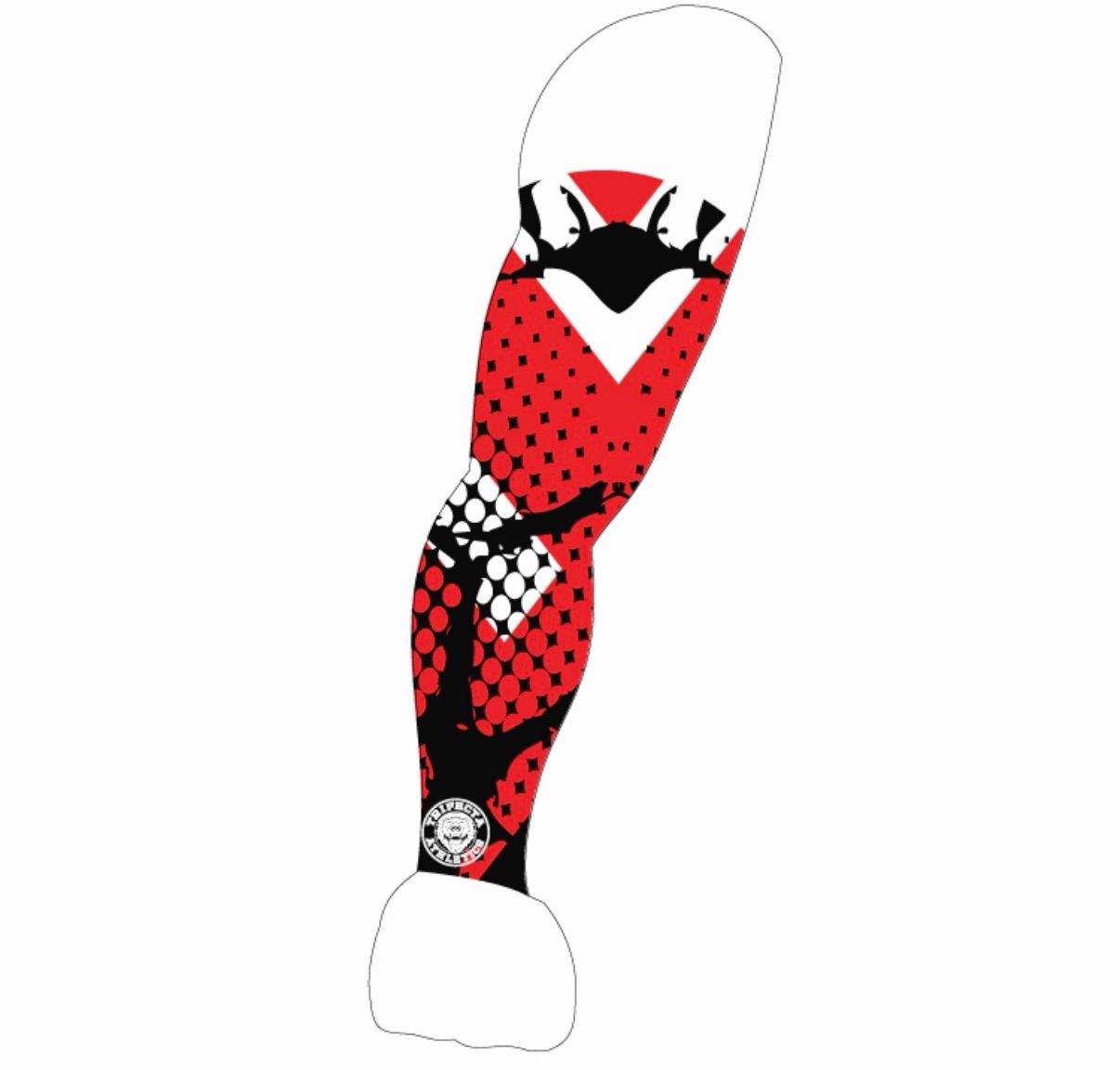 Reaper Claw sublimation arm sleeve with red, black, and white design for UV protection and moisture-wicking performance