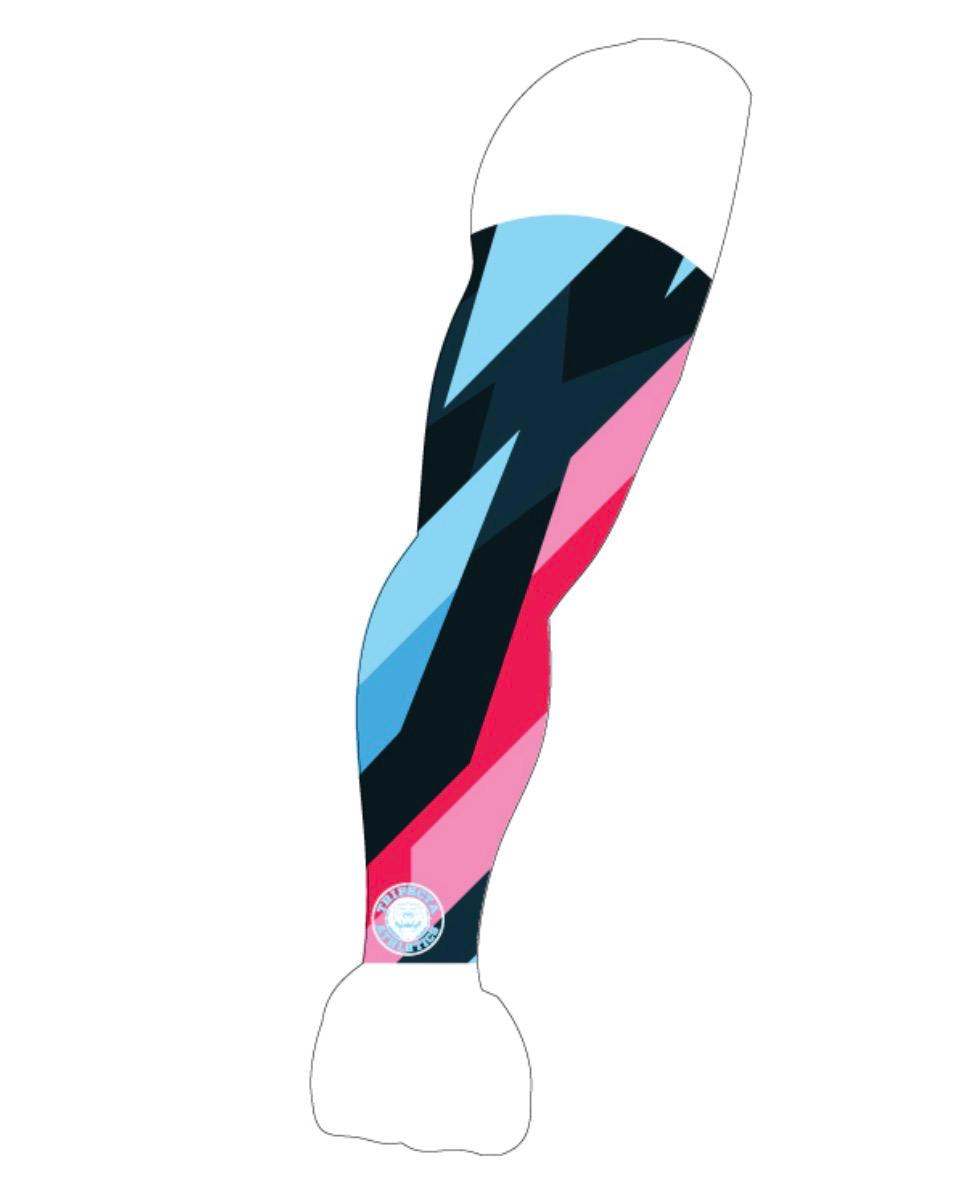 Power Wave sublimation arm sleeve with blue, black, and pink abstract design, UV protection, and compression support