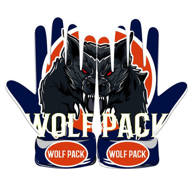 Wolfpack Batting Glove with black wolf graphic, navy blue, red, and white design on palms and fingers.