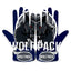 Wolfpack Batting Gloves with wolf graphic, leather front, Lycra back, neoprene cuff, and shock-absorbent stitching for durable, flexible baseball performance