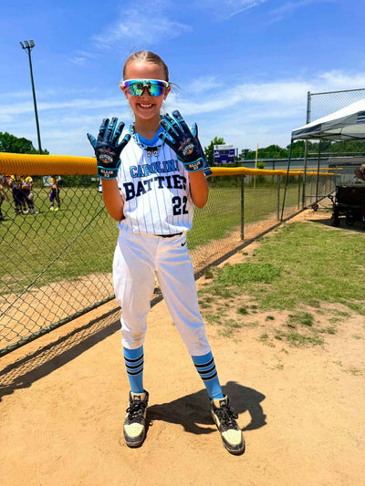 Carolina Batties custom print gloves with leather front and neoprene cuff for better grip and control
