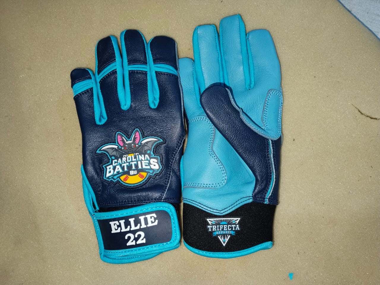Carolina Batties custom football gloves with leather front and neoprene cuff for performance and durability