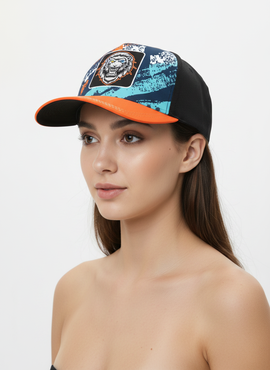 Lion's Peak six-panel trucker hat with cotton blend front and mesh back, adjustable snapback closure.