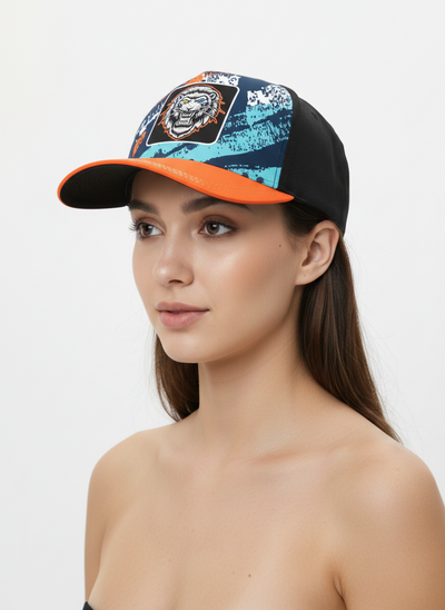 Lion's Peak six-panel trucker hat with cotton blend front and mesh back, adjustable snapback closure.