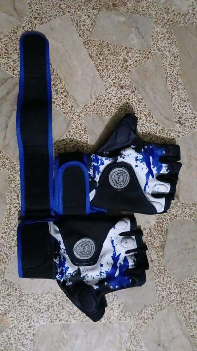 Blue and black weightlifting gloves with wrist wraps and padded palms for grip and protection
