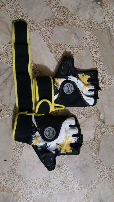 black and yellow weightlifting gloves with wrist support and padded grip for gym workouts