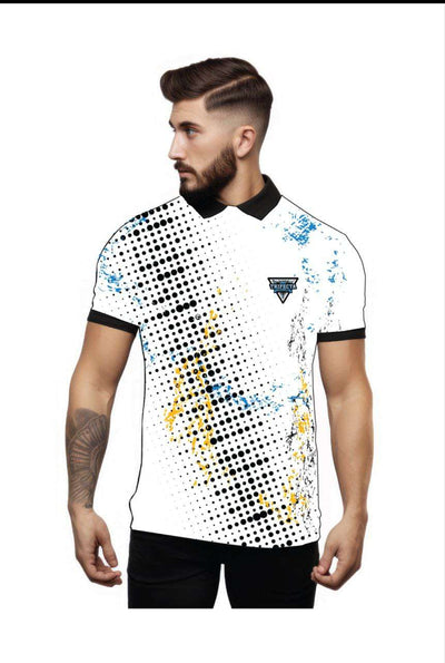T-APP 16Male model wearing white Scale Wear Design Bomb Popsicle polo shirt with black collar and moisture-wicking fabric